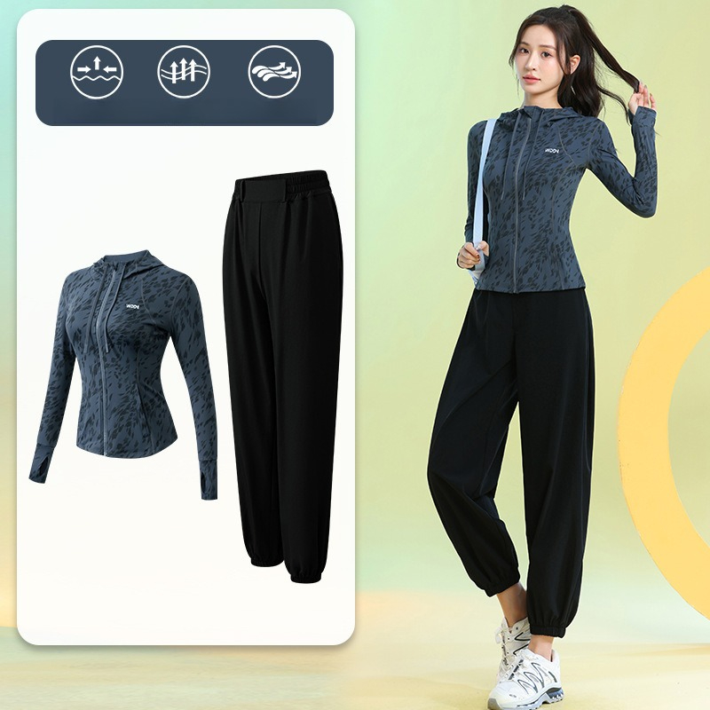 Running Gear Gym - 여성용 러닝 슈트 긴팔 플로럴 지퍼